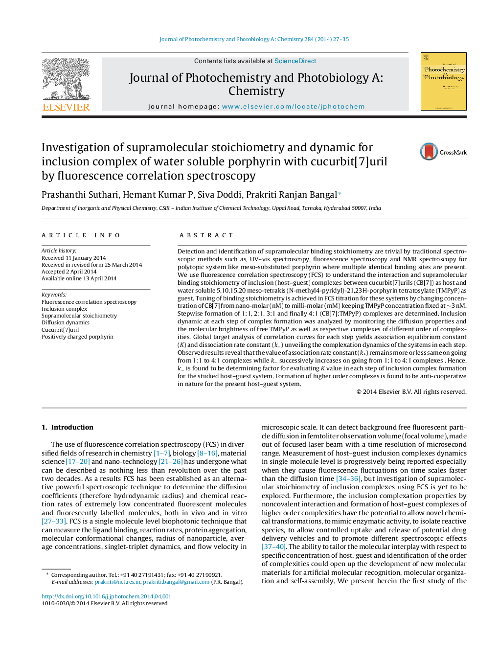 Investigation of supramolecular stoichiometry and dynamic for inclusion complex of water soluble porphyrin with cucurbit[7]uril by fluorescence correlation spectroscopy