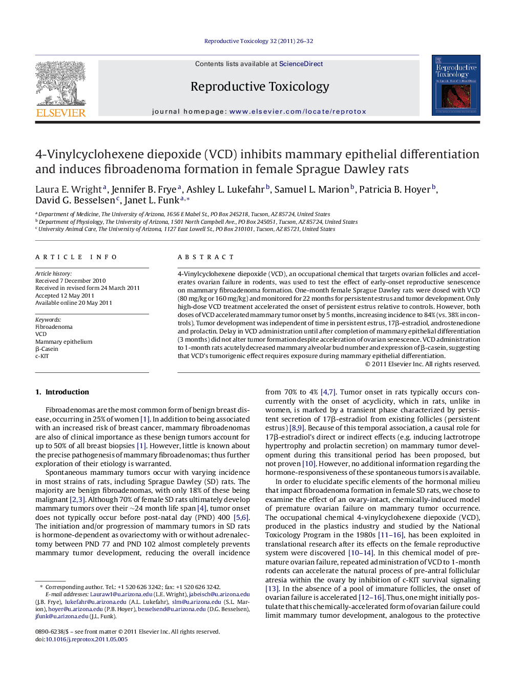 4-Vinylcyclohexene diepoxide (VCD) inhibits mammary epithelial differentiation and induces fibroadenoma formation in female Sprague Dawley rats