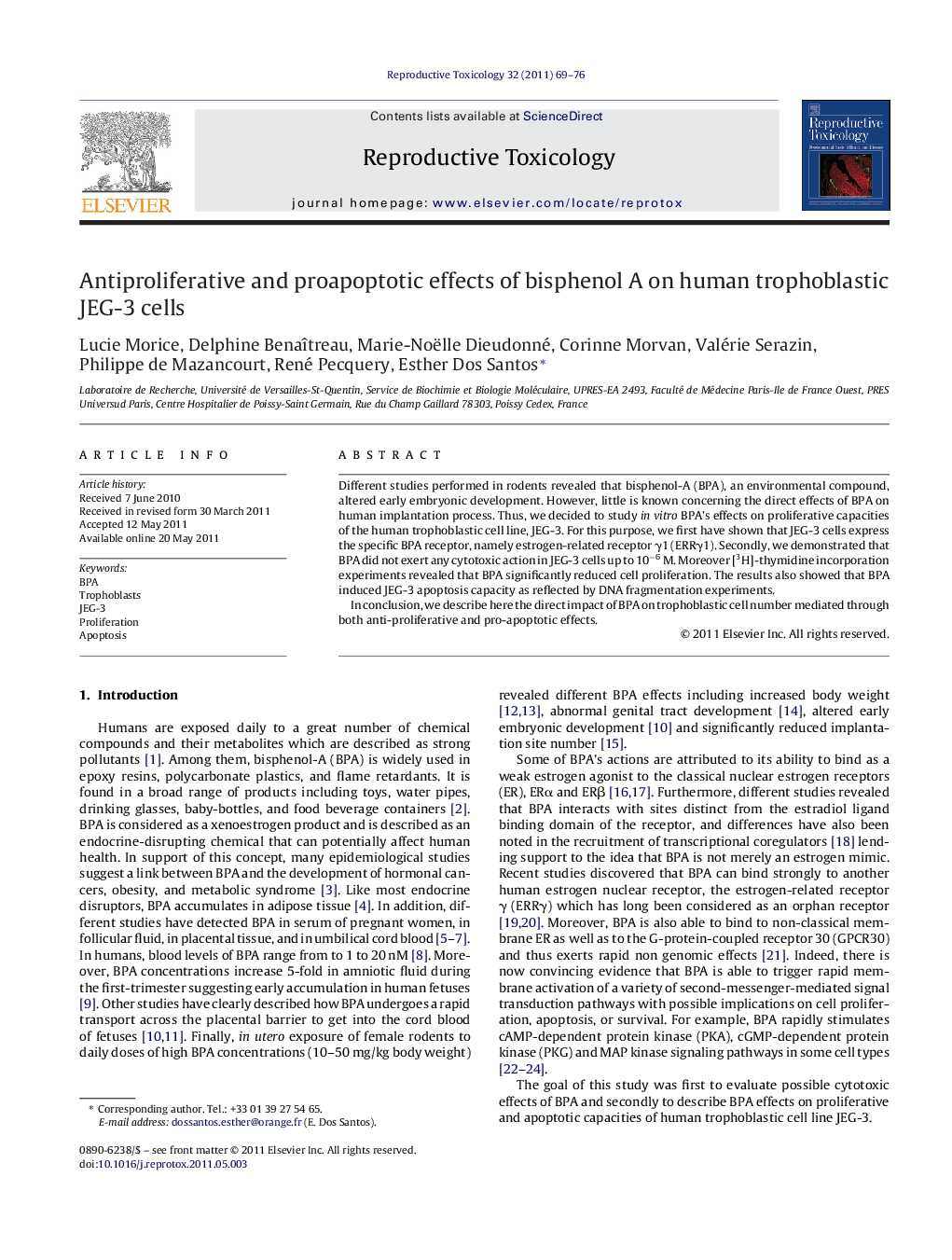 Antiproliferative and proapoptotic effects of bisphenol A on human trophoblastic JEG-3 cells