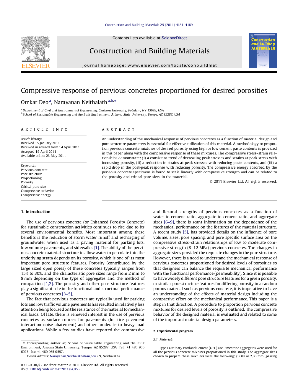 Compressive response of pervious concretes proportioned for desired porosities