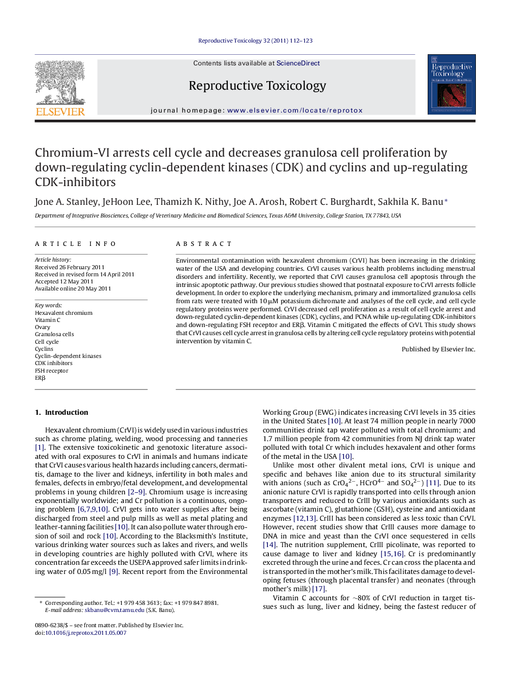 Chromium-VI arrests cell cycle and decreases granulosa cell proliferation by down-regulating cyclin-dependent kinases (CDK) and cyclins and up-regulating CDK-inhibitors