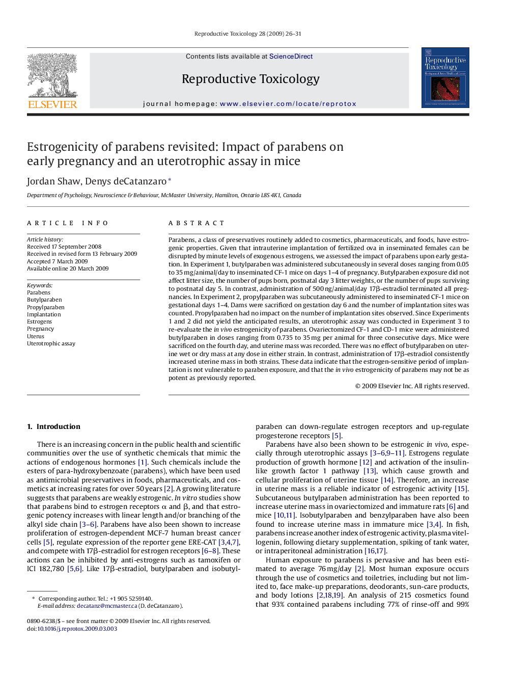 Estrogenicity of parabens revisited: Impact of parabens on early pregnancy and an uterotrophic assay in mice