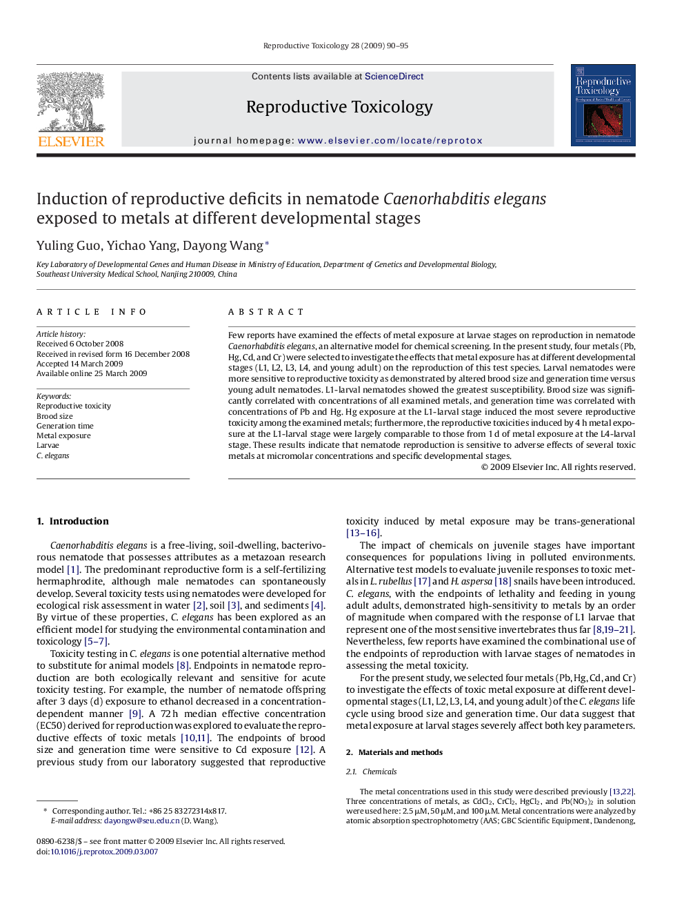 Induction of reproductive deficits in nematode Caenorhabditis elegans exposed to metals at different developmental stages