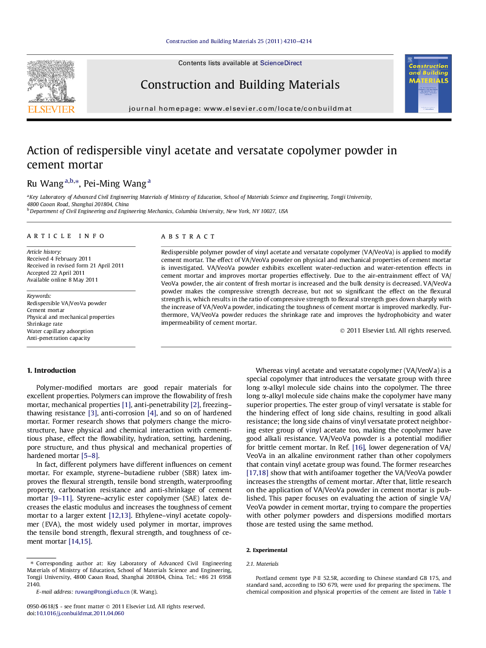 Action of redispersible vinyl acetate and versatate copolymer powder in cement mortar