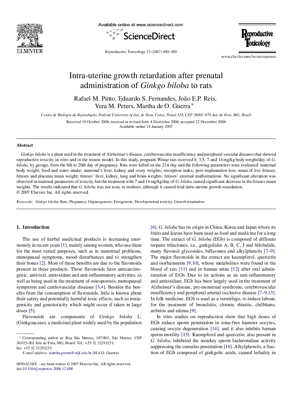 Intra-uterine growth retardation after prenatal administration of Ginkgo biloba to rats