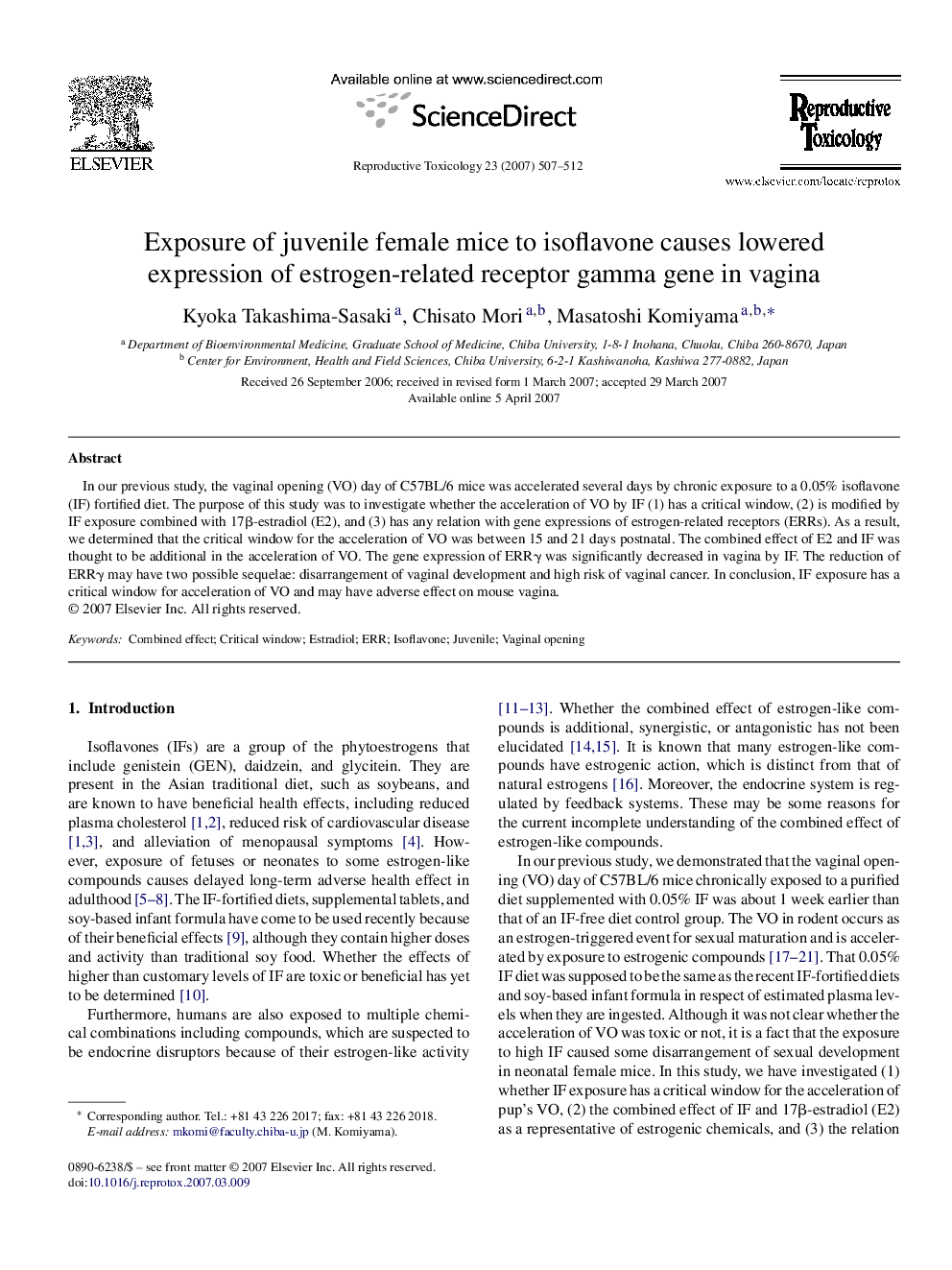 Exposure of juvenile female mice to isoflavone causes lowered expression of estrogen-related receptor gamma gene in vagina