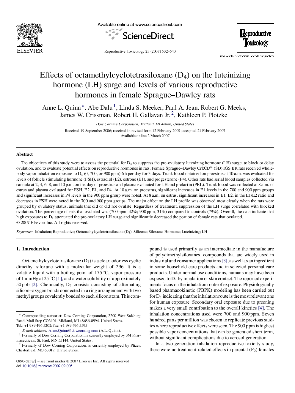 Effects of octamethylcyclotetrasiloxane (D4) on the luteinizing hormone (LH) surge and levels of various reproductive hormones in female Sprague–Dawley rats