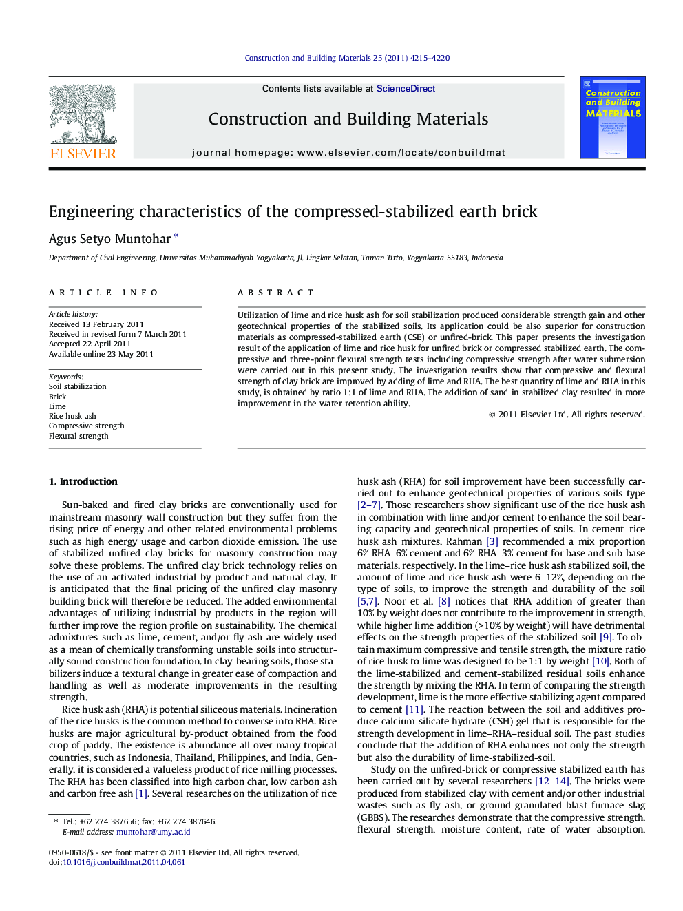 Engineering characteristics of the compressed-stabilized earth brick