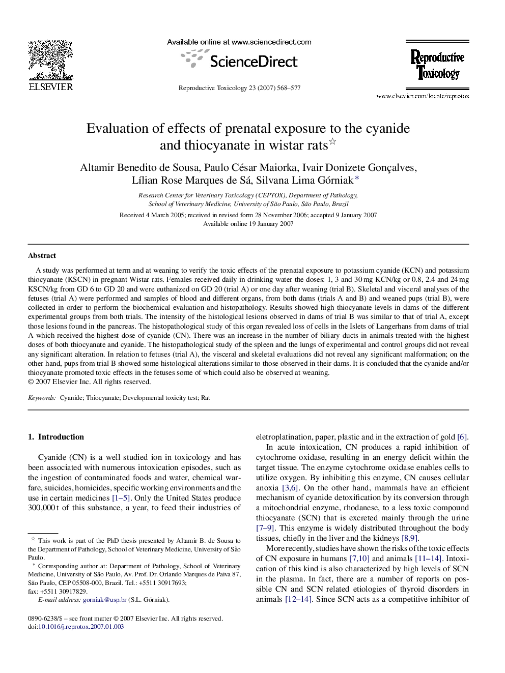 Evaluation of effects of prenatal exposure to the cyanide and thiocyanate in wistar rats 