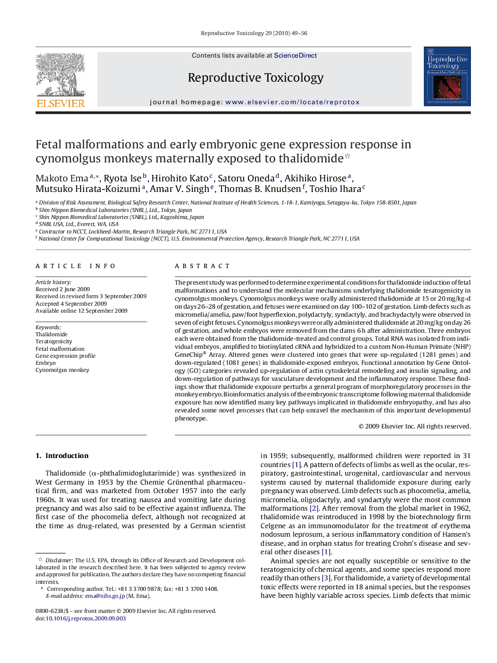 Fetal malformations and early embryonic gene expression response in cynomolgus monkeys maternally exposed to thalidomide 