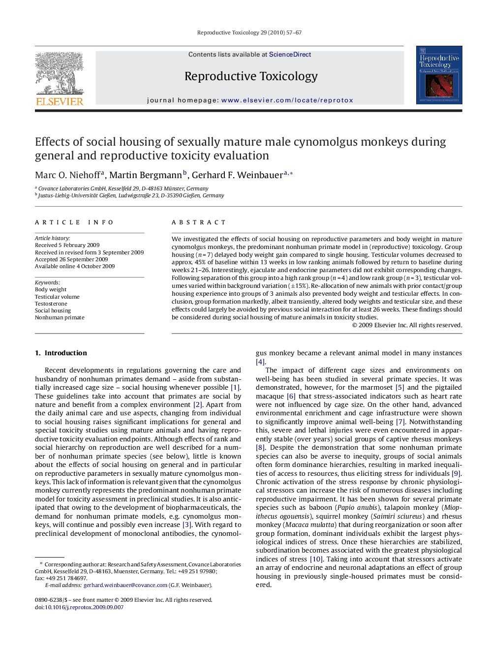 Effects of social housing of sexually mature male cynomolgus monkeys during general and reproductive toxicity evaluation