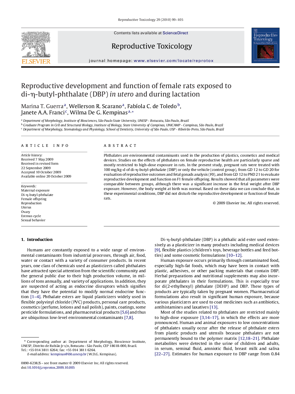 Reproductive development and function of female rats exposed to di-η-butyl-phthalate (DBP) in utero and during lactation