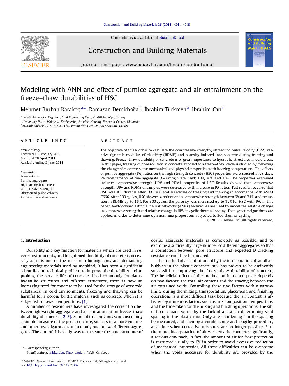 Modeling with ANN and effect of pumice aggregate and air entrainment on the freeze–thaw durabilities of HSC