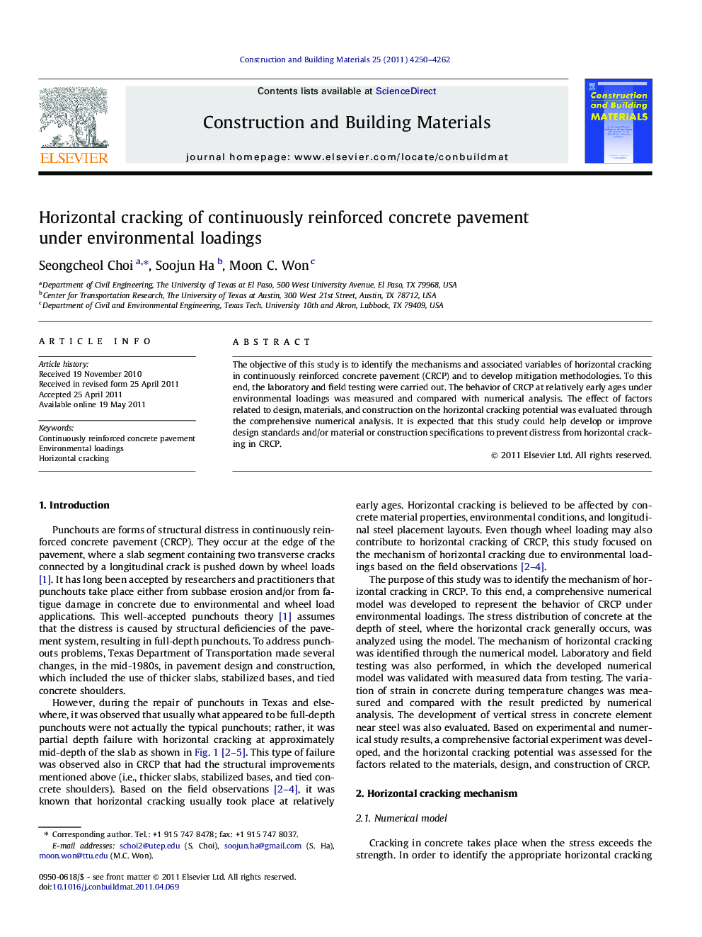 Horizontal cracking of continuously reinforced concrete pavement under environmental loadings