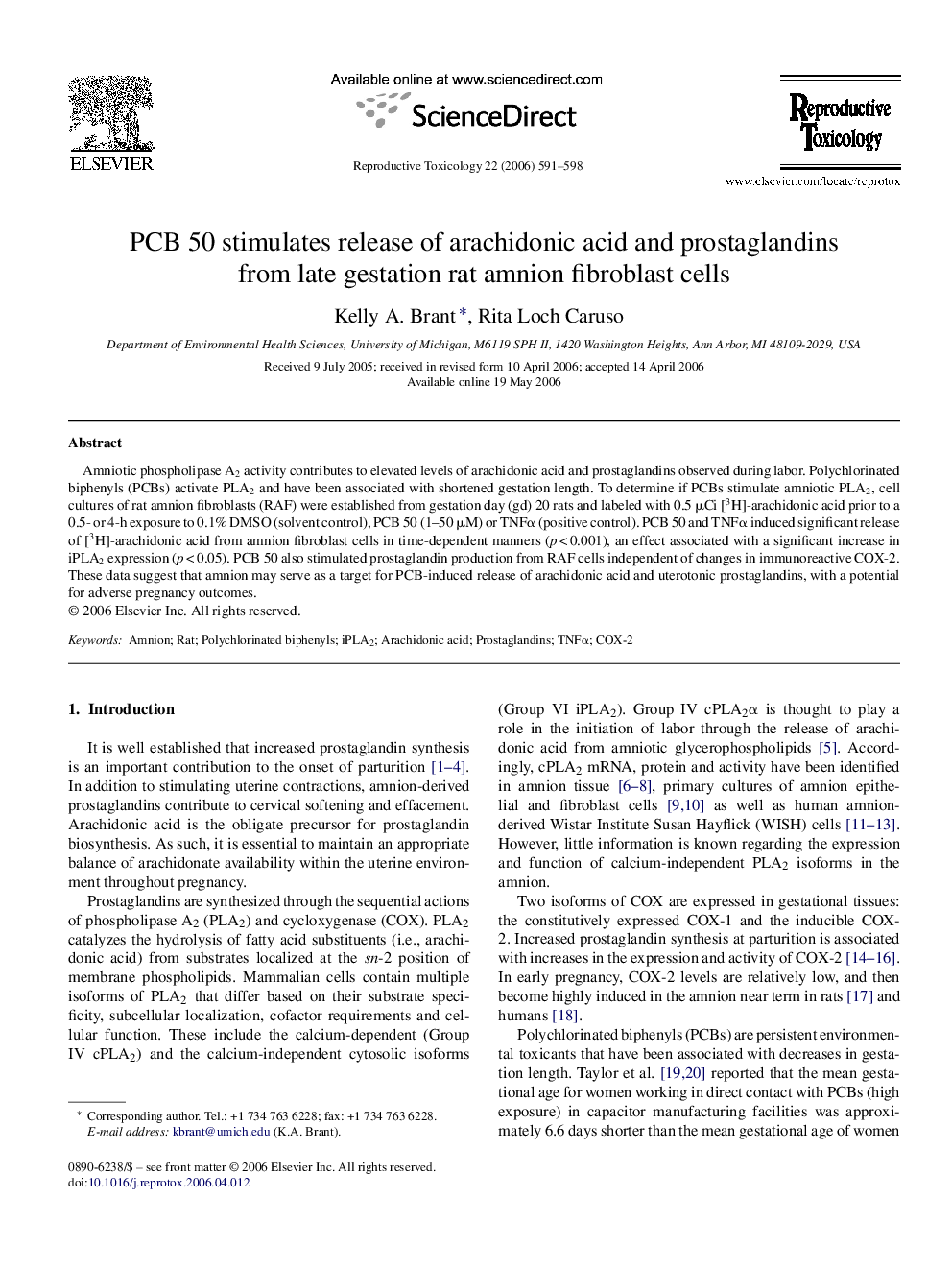 PCB 50 stimulates release of arachidonic acid and prostaglandins from late gestation rat amnion fibroblast cells