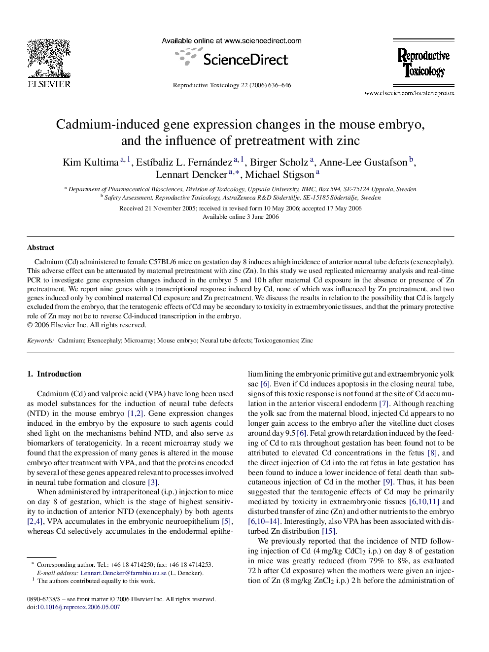 Cadmium-induced gene expression changes in the mouse embryo, and the influence of pretreatment with zinc