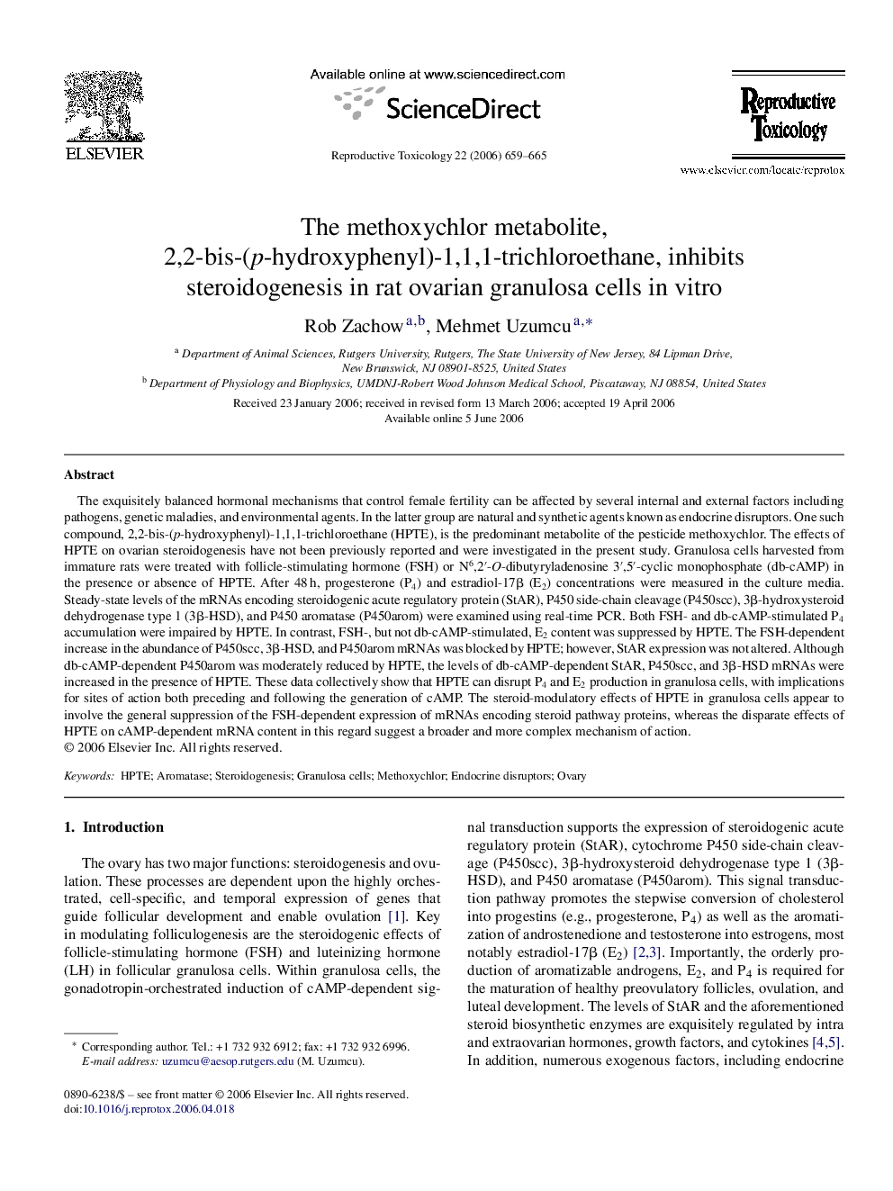 The methoxychlor metabolite, 2,2-bis-(p-hydroxyphenyl)-1,1,1-trichloroethane, inhibits steroidogenesis in rat ovarian granulosa cells in vitro