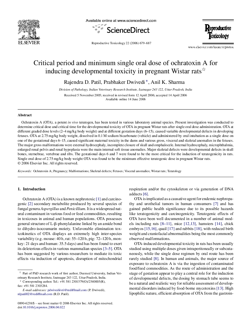 Critical period and minimum single oral dose of ochratoxin A for inducing developmental toxicity in pregnant Wistar rats 