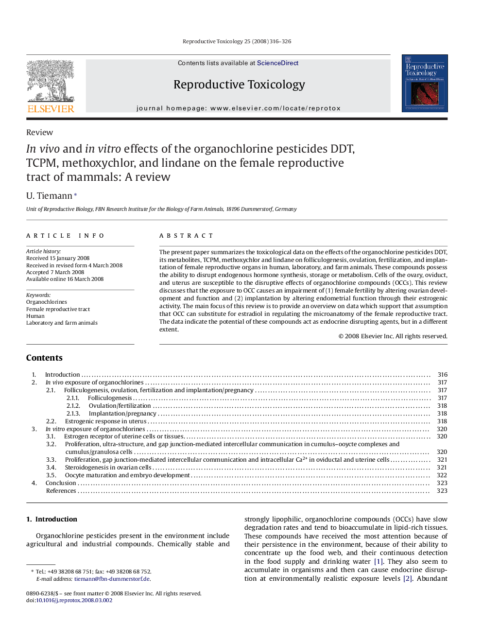 In vivo and in vitro effects of the organochlorine pesticides DDT, TCPM, methoxychlor, and lindane on the female reproductive tract of mammals: A review