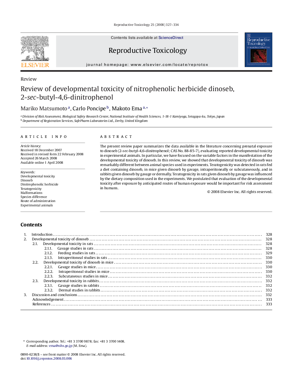 Review of developmental toxicity of nitrophenolic herbicide dinoseb, 2-sec-butyl-4,6-dinitrophenol