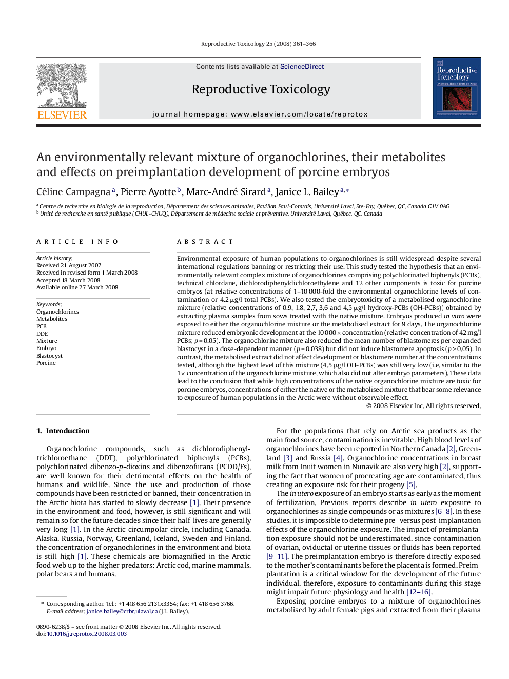 An environmentally relevant mixture of organochlorines, their metabolites and effects on preimplantation development of porcine embryos