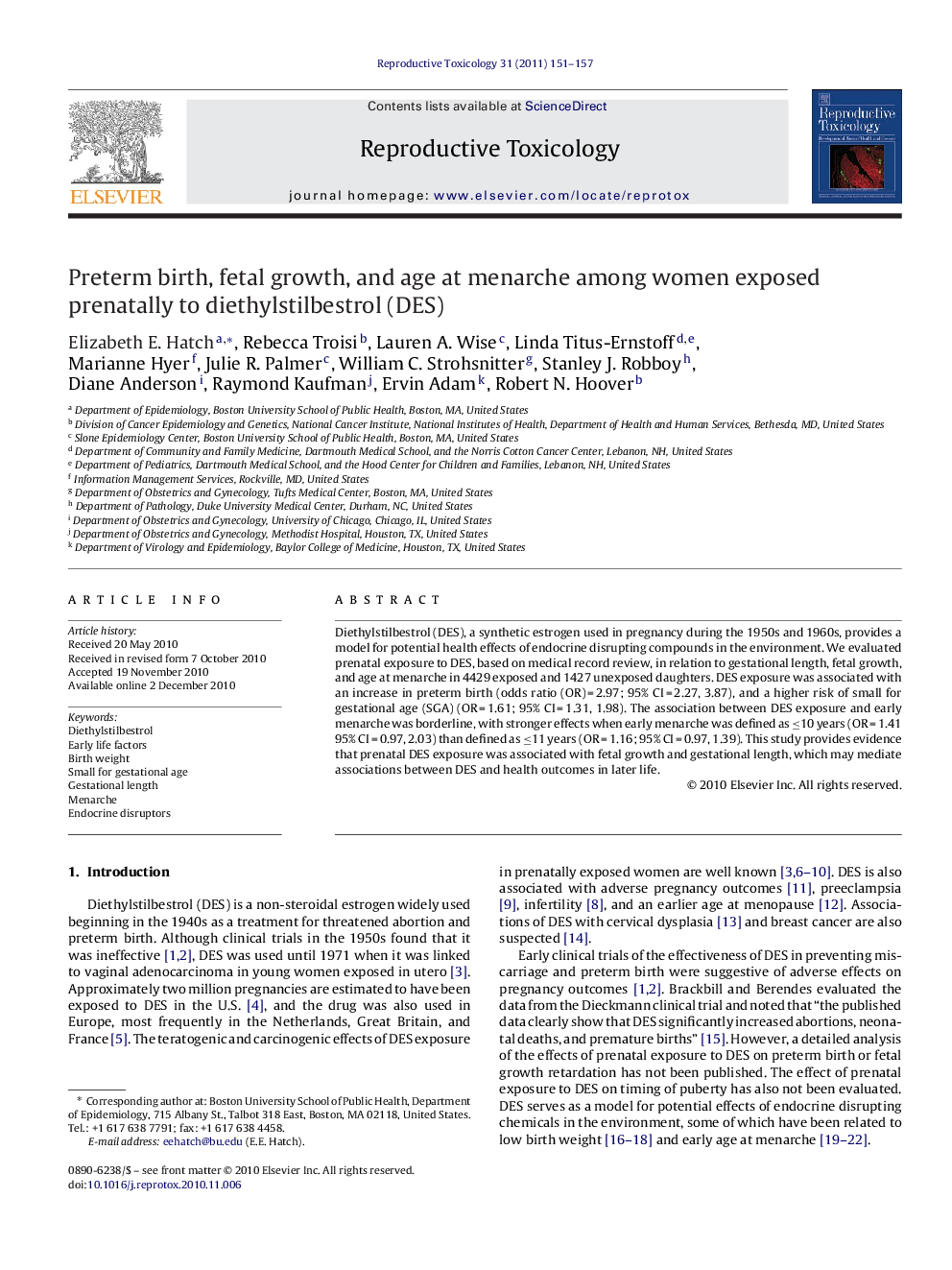 Preterm birth, fetal growth, and age at menarche among women exposed prenatally to diethylstilbestrol (DES)