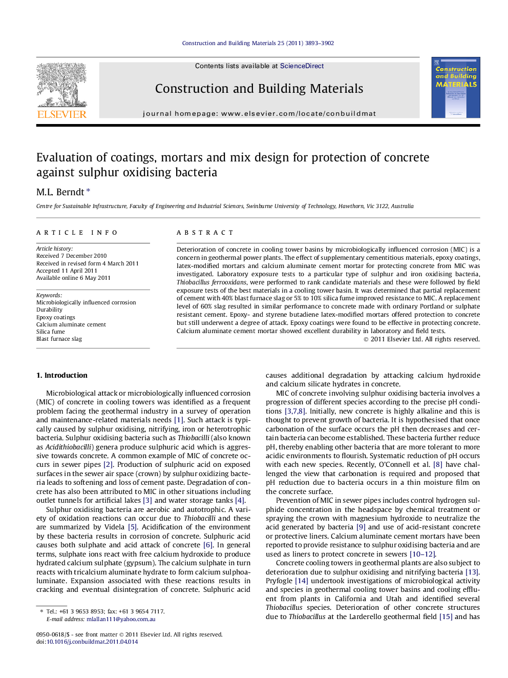 Evaluation of coatings, mortars and mix design for protection of concrete against sulphur oxidising bacteria