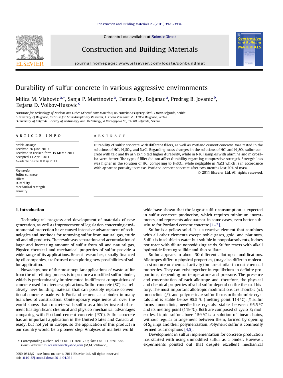 Durability of sulfur concrete in various aggressive environments