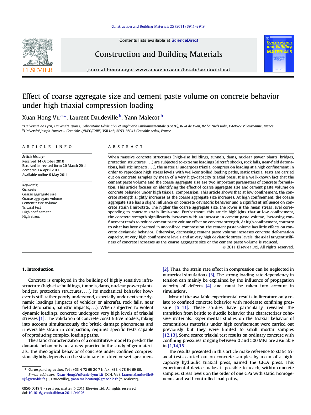 Effect of coarse aggregate size and cement paste volume on concrete behavior under high triaxial compression loading