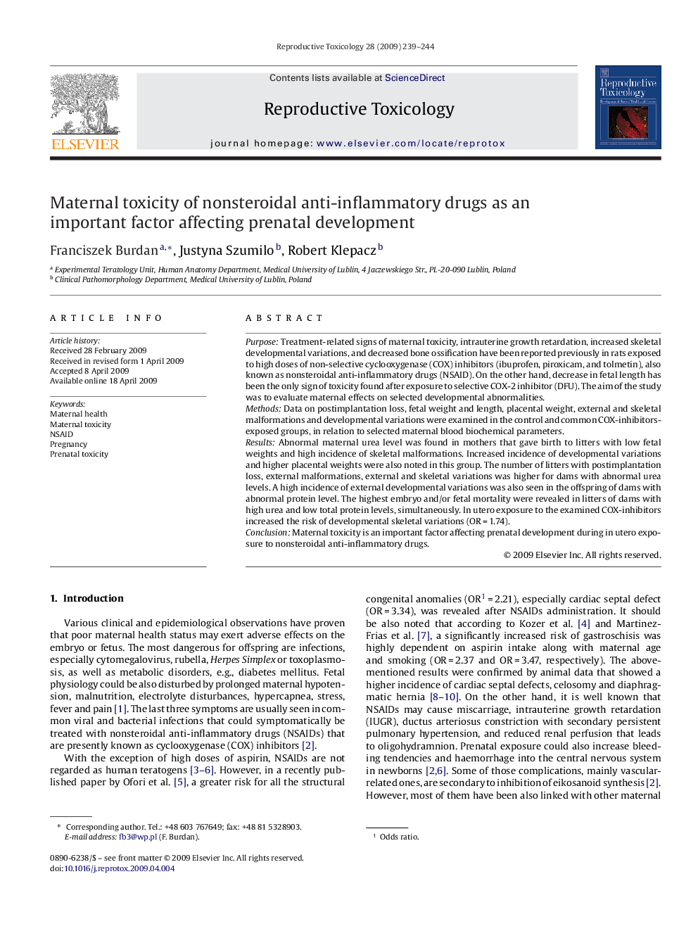 Maternal toxicity of nonsteroidal anti-inflammatory drugs as an important factor affecting prenatal development