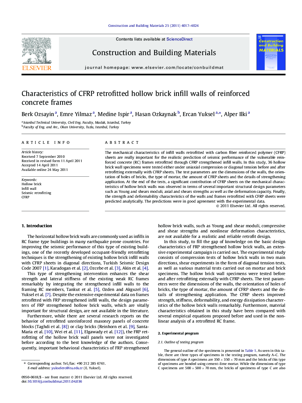 Characteristics of CFRP retrofitted hollow brick infill walls of reinforced concrete frames