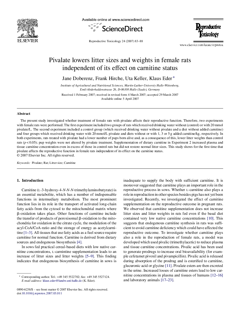 Pivalate lowers litter sizes and weights in female rats independent of its effect on carnitine status