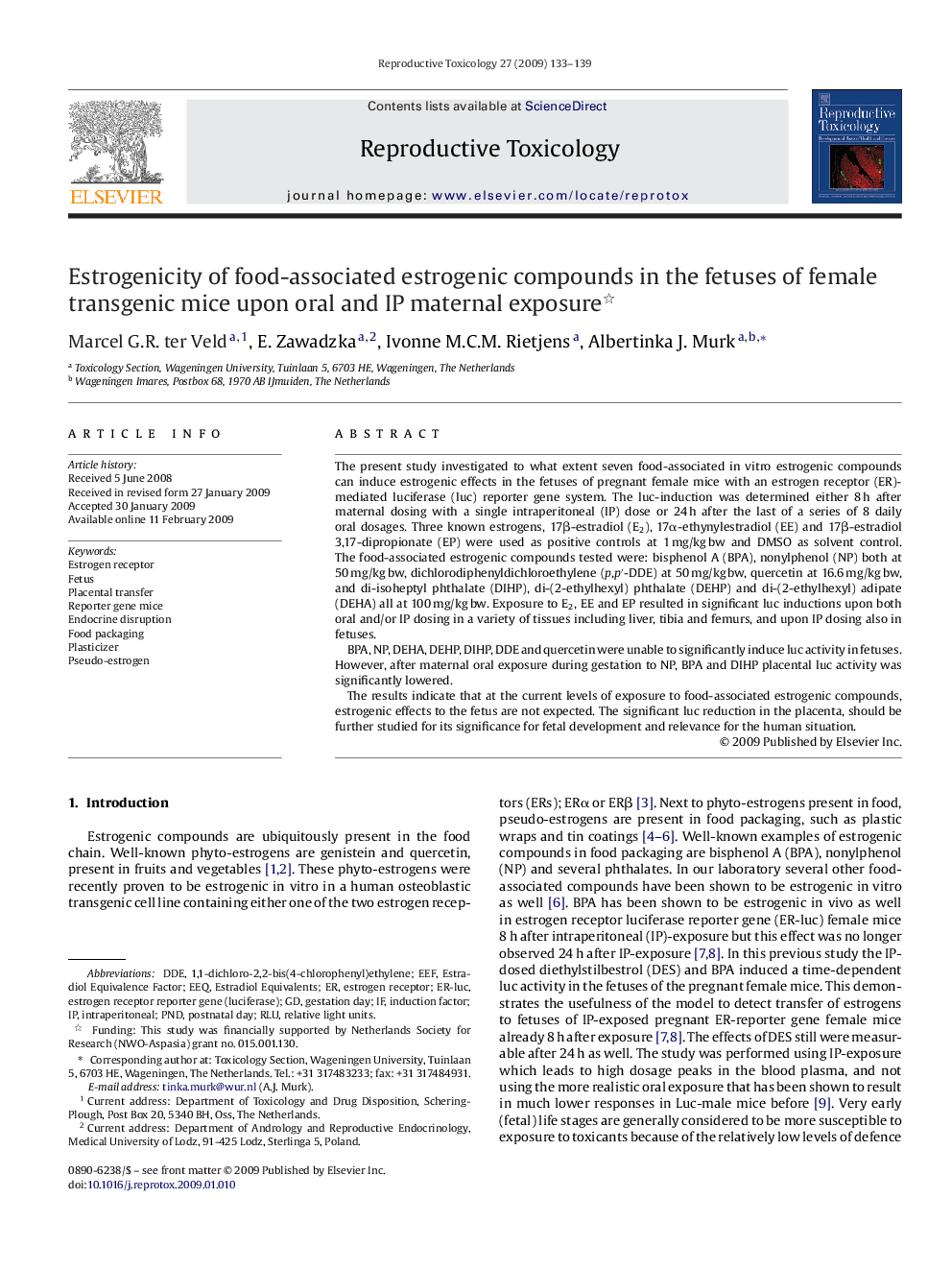 Estrogenicity of food-associated estrogenic compounds in the fetuses of female transgenic mice upon oral and IP maternal exposure 