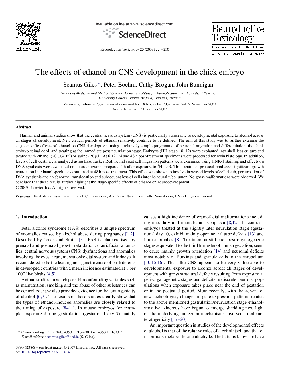 The effects of ethanol on CNS development in the chick embryo