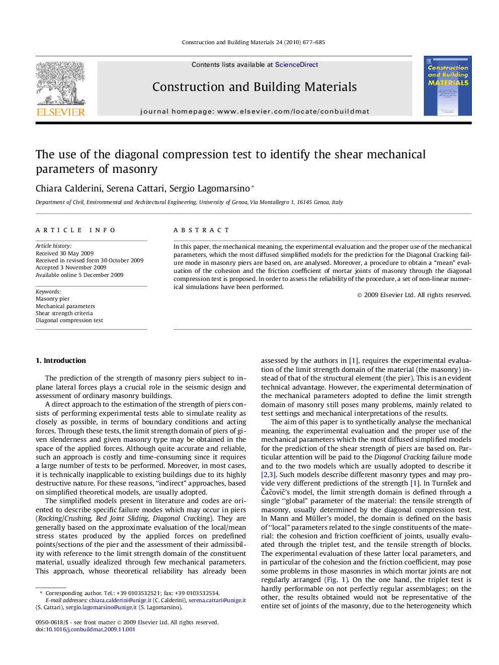 The use of the diagonal compression test to identify the shear mechanical parameters of masonry