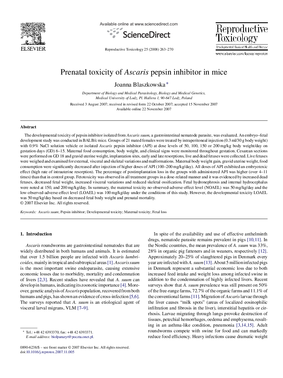 Prenatal toxicity of Ascaris pepsin inhibitor in mice