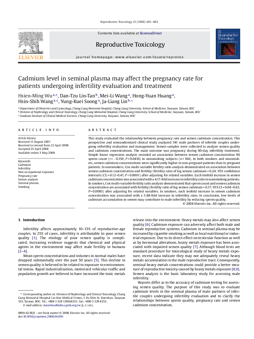 Cadmium level in seminal plasma may affect the pregnancy rate for patients undergoing infertility evaluation and treatment