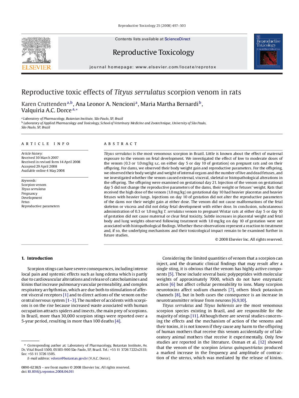 Reproductive toxic effects of Tityus serrulatus scorpion venom in rats