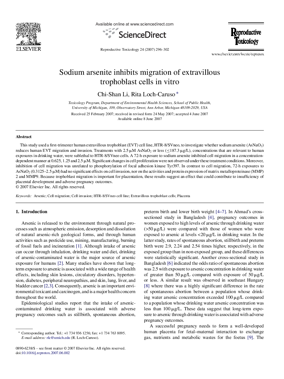 Sodium arsenite inhibits migration of extravillous trophoblast cells in vitro