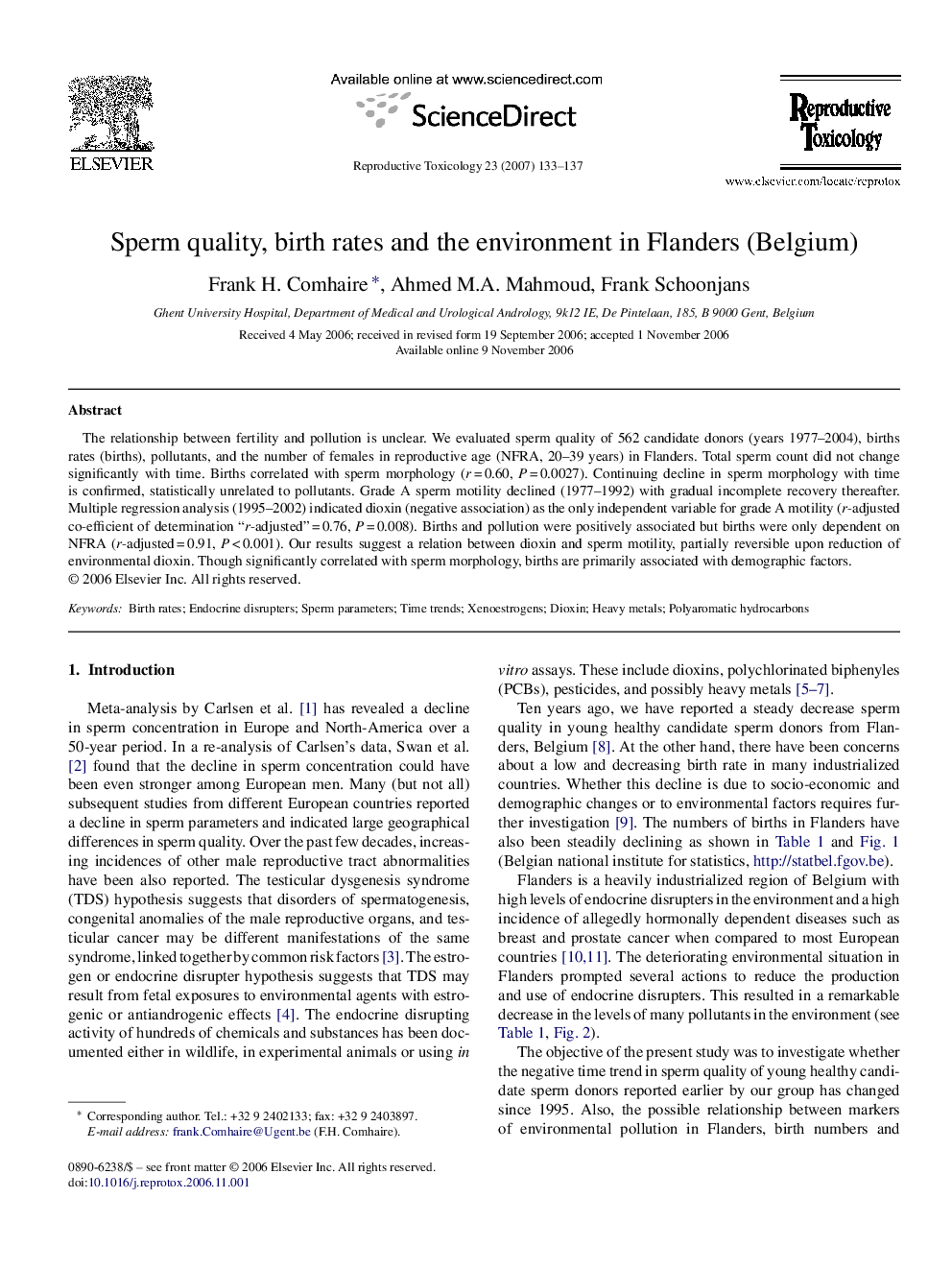 Sperm quality, birth rates and the environment in Flanders (Belgium)