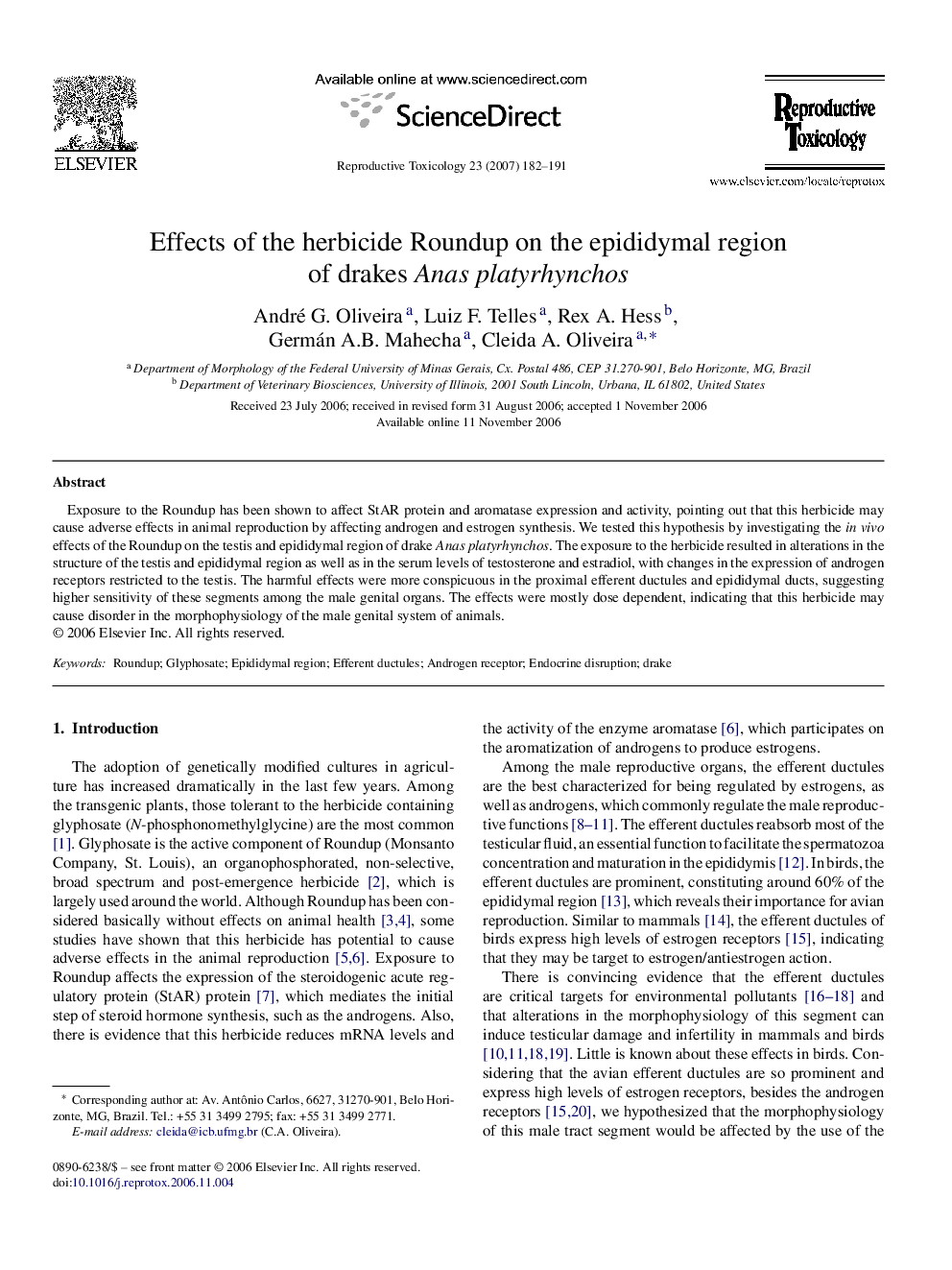 Effects of the herbicide Roundup on the epididymal region of drakes Anas platyrhynchos