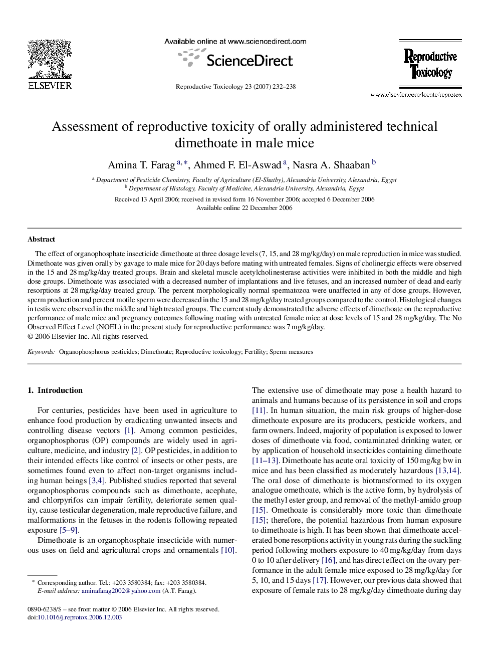 Assessment of reproductive toxicity of orally administered technical dimethoate in male mice