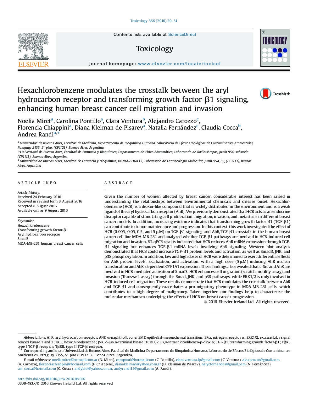 Hexachlorobenzene modulates the crosstalk between the aryl hydrocarbon receptor and transforming growth factor-β1 signaling, enhancing human breast cancer cell migration and invasion