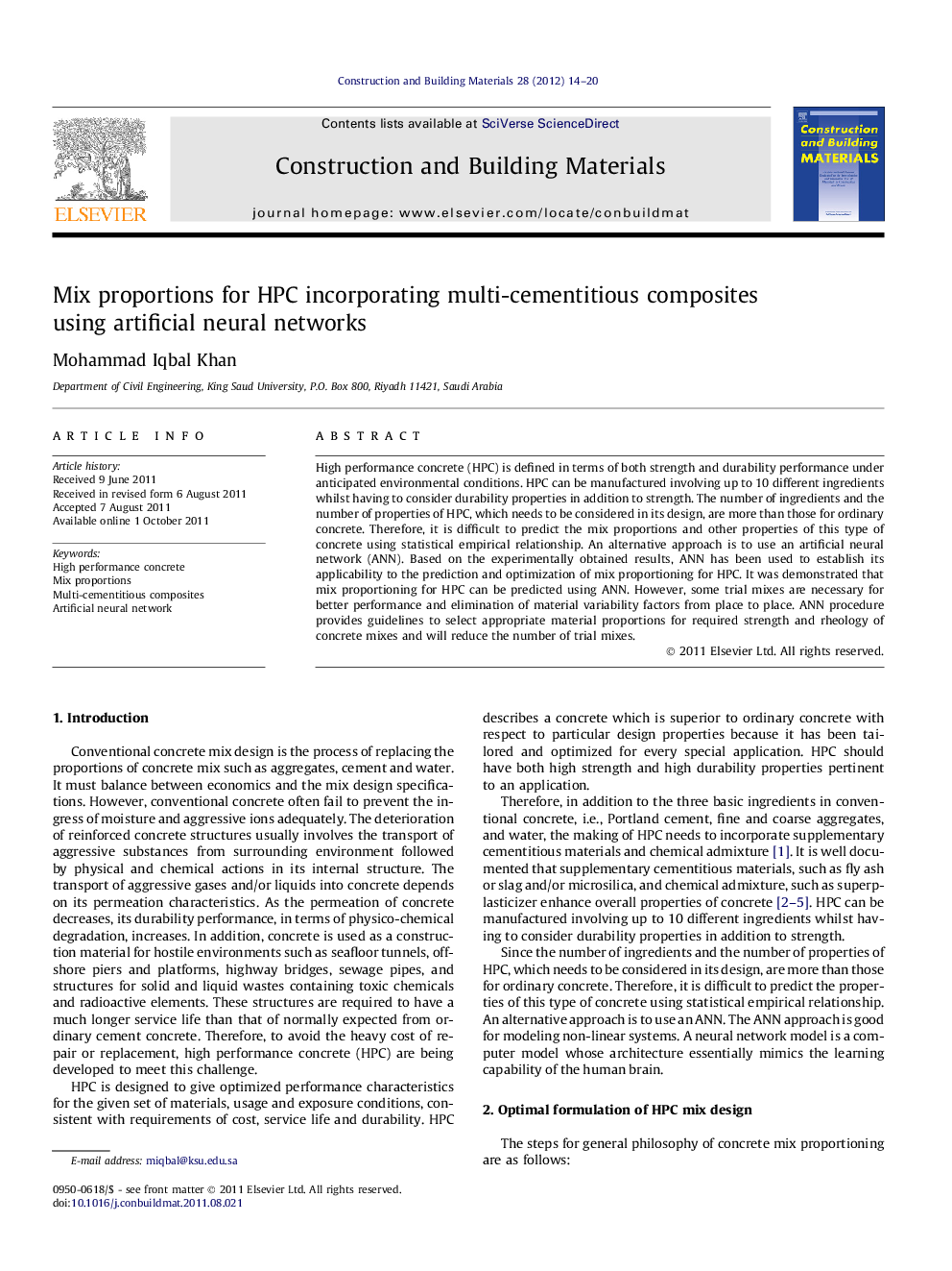 Mix proportions for HPC incorporating multi-cementitious composites using artificial neural networks