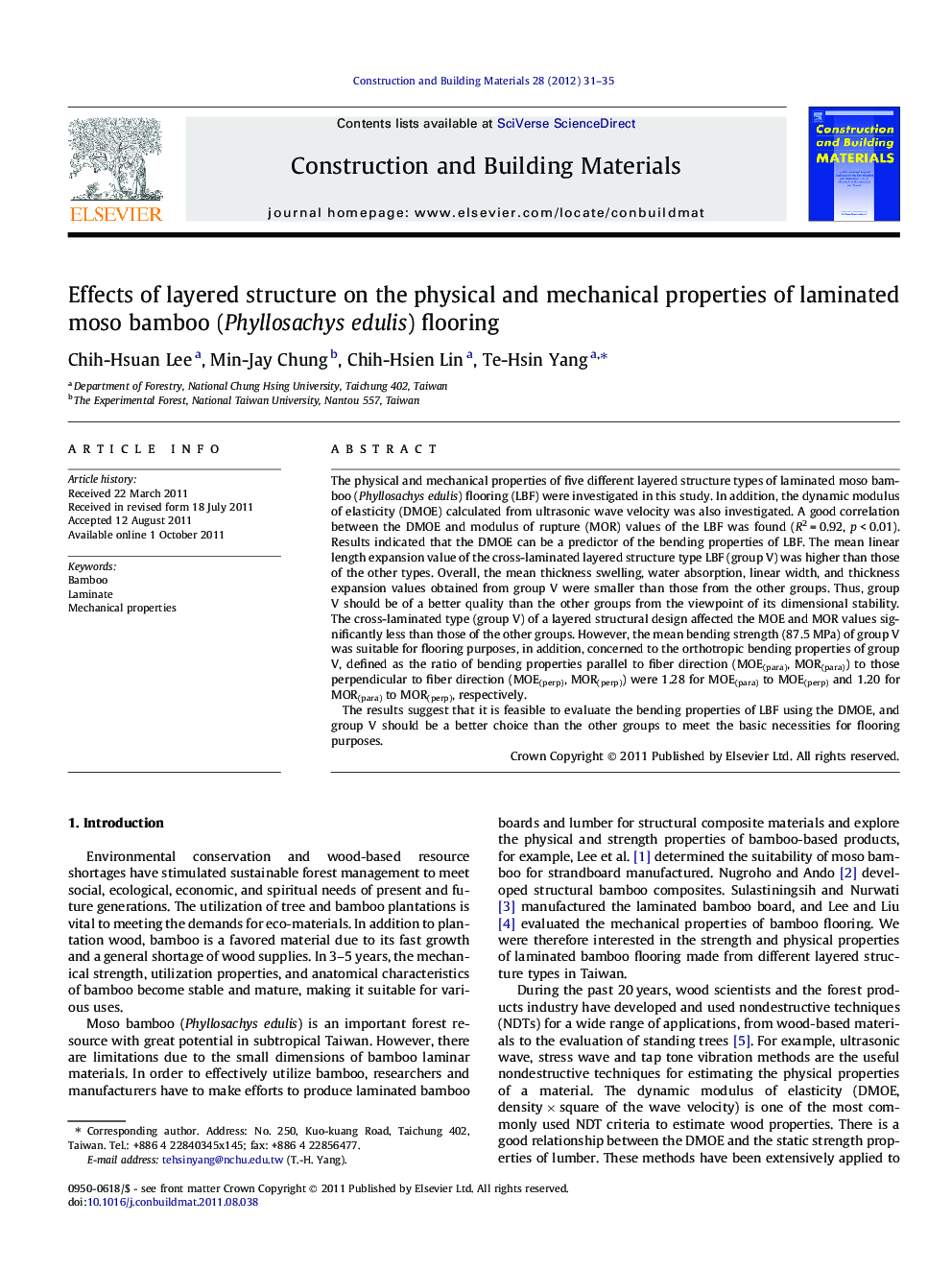 Effects of layered structure on the physical and mechanical properties of laminated moso bamboo (Phyllosachys edulis) flooring