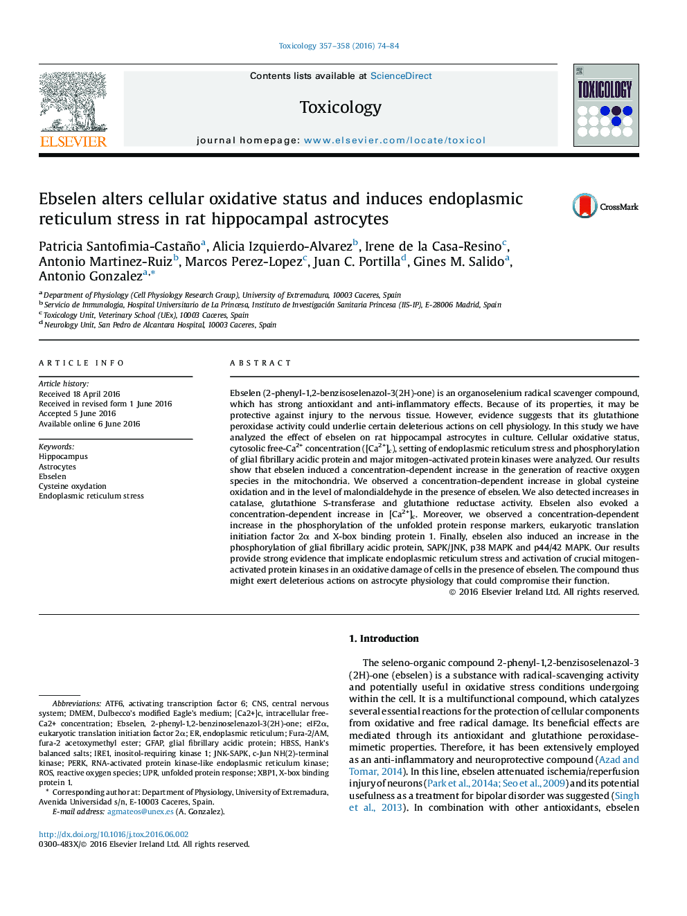 Ebselen alters cellular oxidative status and induces endoplasmic reticulum stress in rat hippocampal astrocytes