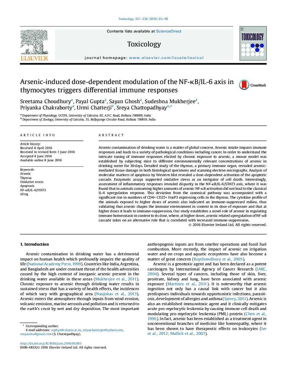 Arsenic-induced dose-dependent modulation of the NF-κB/IL-6 axis in thymocytes triggers differential immune responses