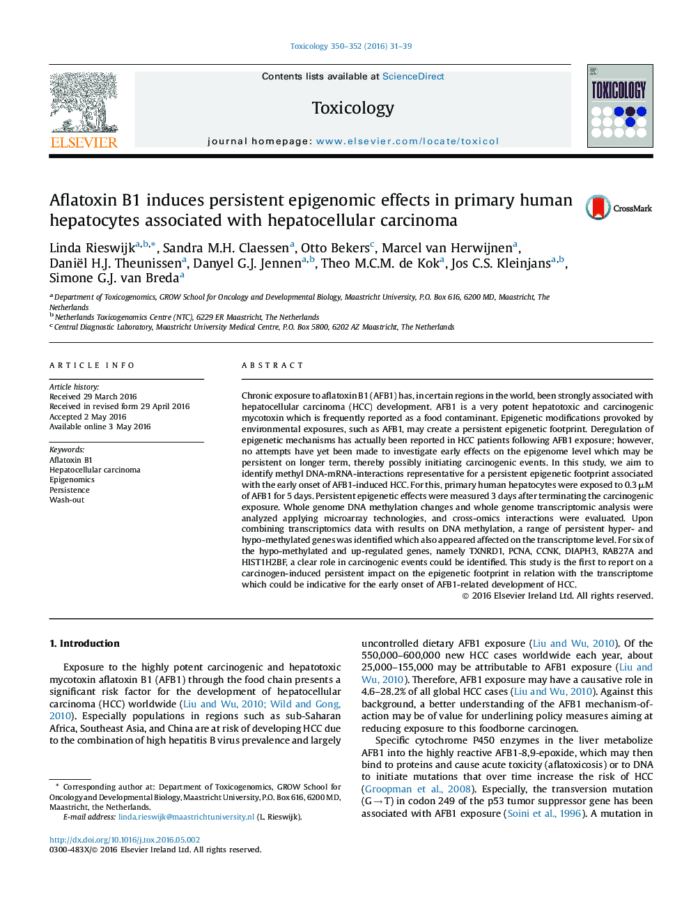 Aflatoxin B1 induces persistent epigenomic effects in primary human hepatocytes associated with hepatocellular carcinoma