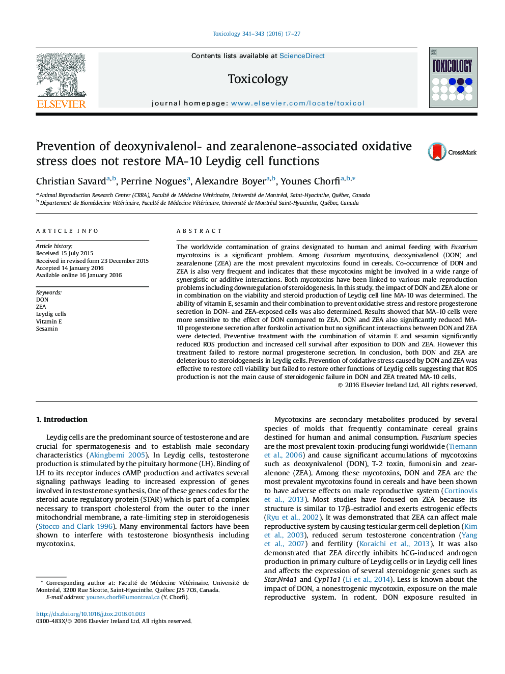 Prevention of deoxynivalenol- and zearalenone-associated oxidative stress does not restore MA-10 Leydig cell functions