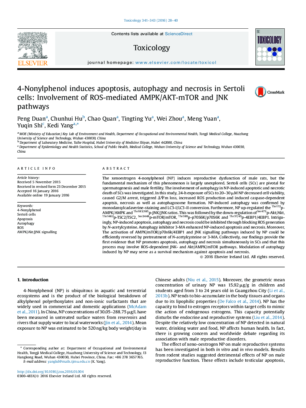 عکس صفحه اول مقاله: 4-Nonylphenol induces apoptosis, autophagy and necrosis in Sertoli cells: Involvement of ROS-mediated AMPK/AKT-mTOR and JNK pathways 4-Nonylphenol induces apoptosis, autophagy and necrosis in Sertoli cells: Involvement of ROS-mediated AMPK/AKT-mTOR and JNK pathways